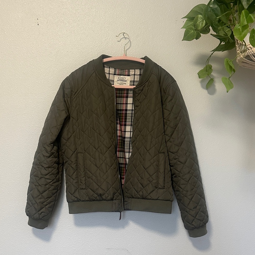 Quilted Olive Bomber Jacket with Plaid Interior
